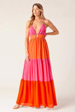 REGAL SUNRISE PINK RED COLOR BLOCKED MAXI DRESS