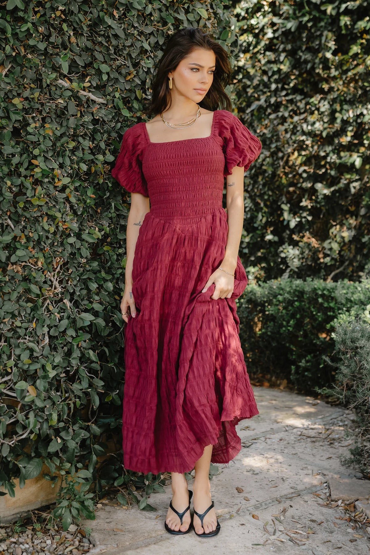 Beckie Smocked Maxi Dress in Burgundy