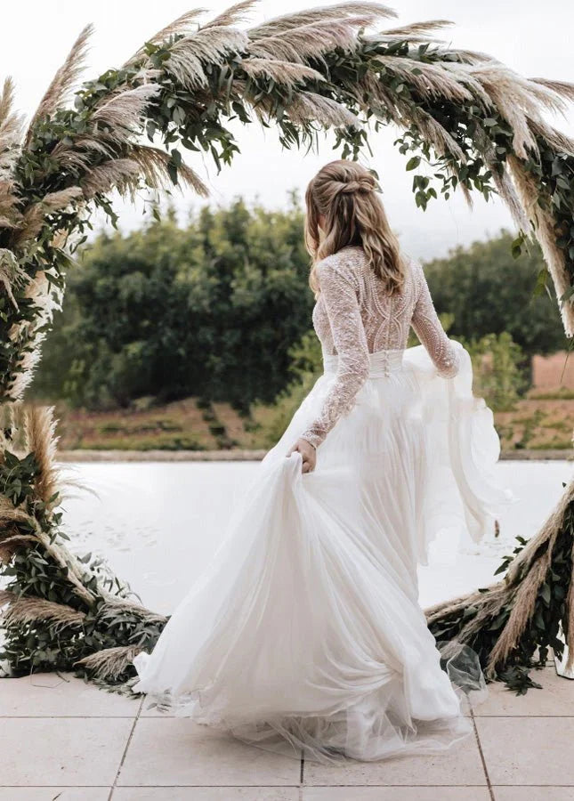 Luxurious Lace Beading Long Sleeves A Line Pleated Tulle Wedding Dresses