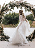Luxurious Lace Beading Long Sleeves A Line Pleated Tulle Wedding Dresses
