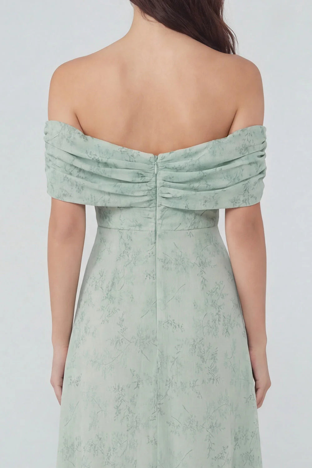 Off the Shoulder Floral Dusty Sage Midi Wedding Guest Dress with Slit