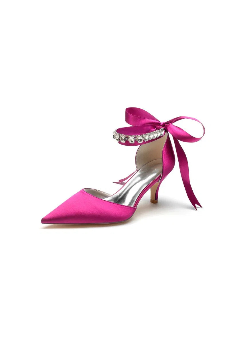 Pointed Toe Ribbons Kitten Heels With Diamond