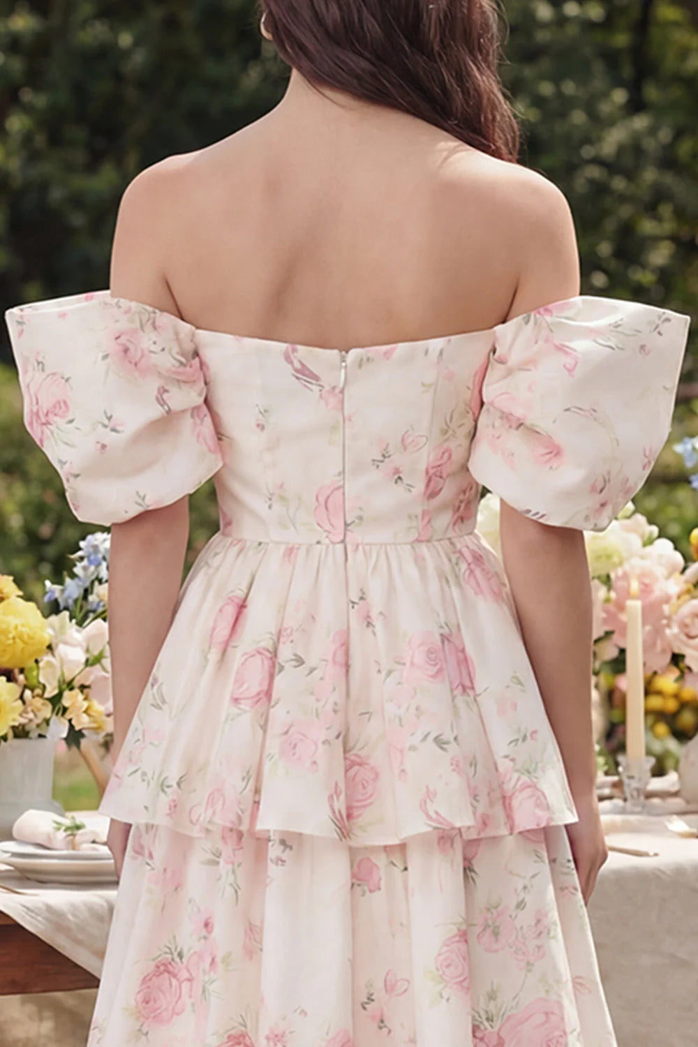 Off the Shoulder A Line Tiered White Floral Wedding Guest Dress