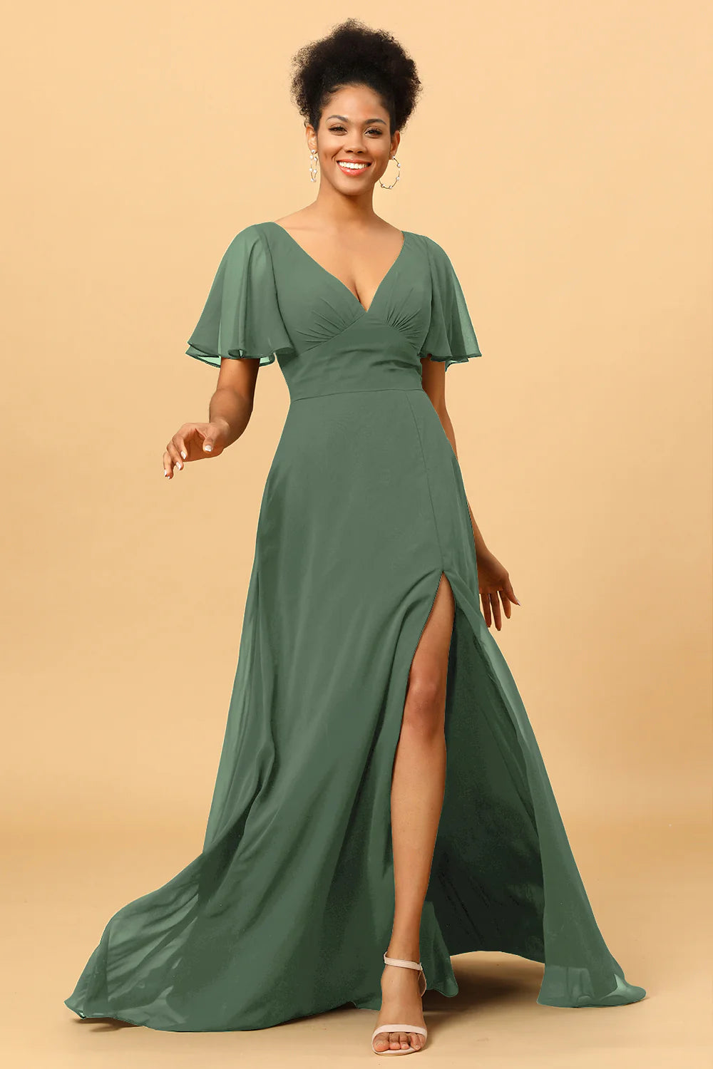 A Line V Neck Long Chiffon Bridesmaid Dress with Slit