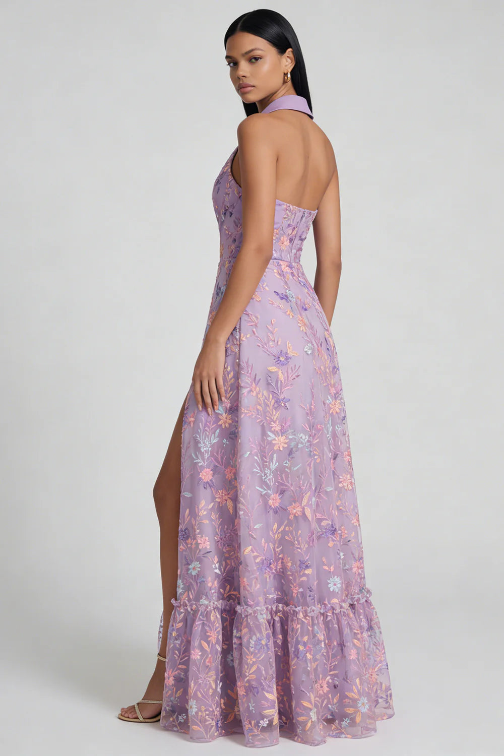 Lilac Floral Embroidered A Line Maxi Wedding Guest Dress with Slit