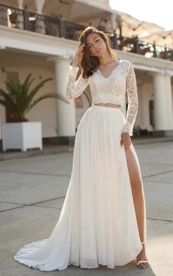 Two Piece V neck Wedding Dress with Sweep Train Lace Long Sleeves