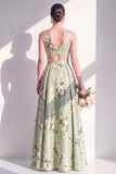 Sage Green A Line Floral Cut Out Bridesmaid Dress with Slit
