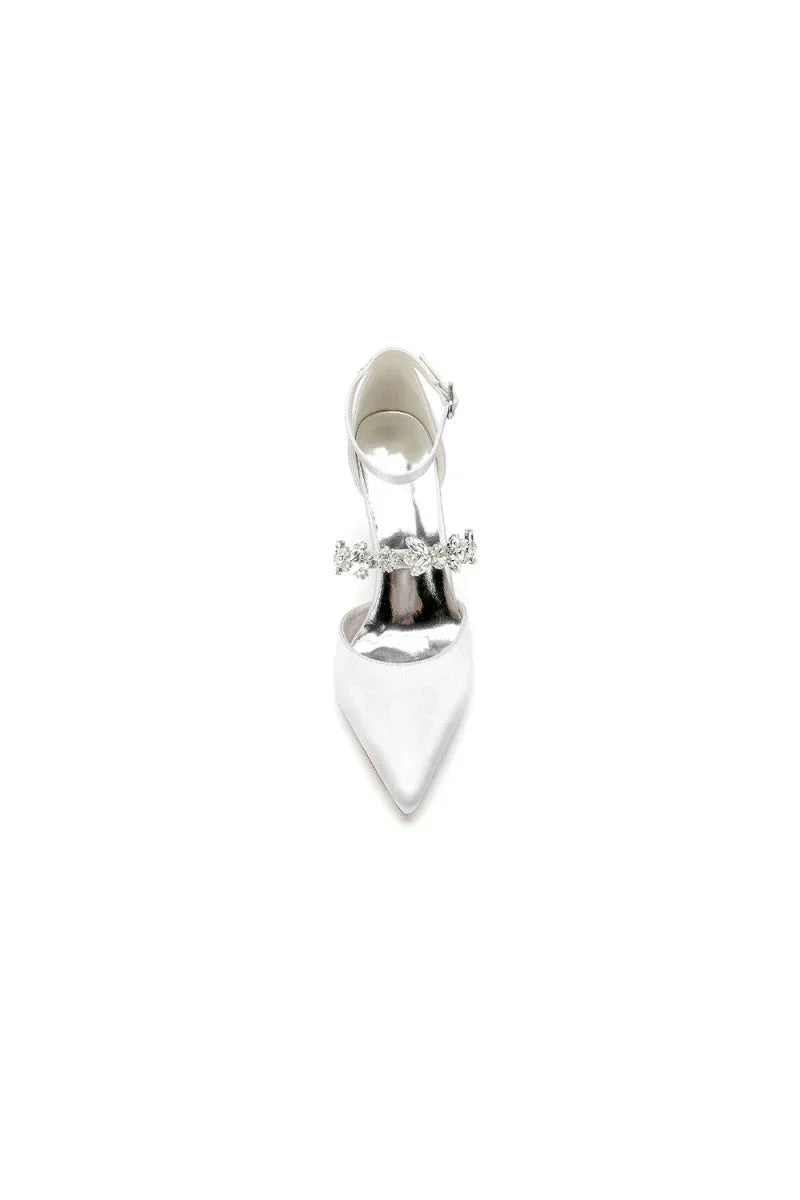 Satin Pointed Toe Rhinestone Strappy Chunky Heels