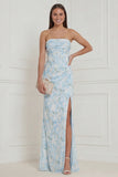 Blue White Floral Strapless Corset Long Bridesmaid Dress with Slit