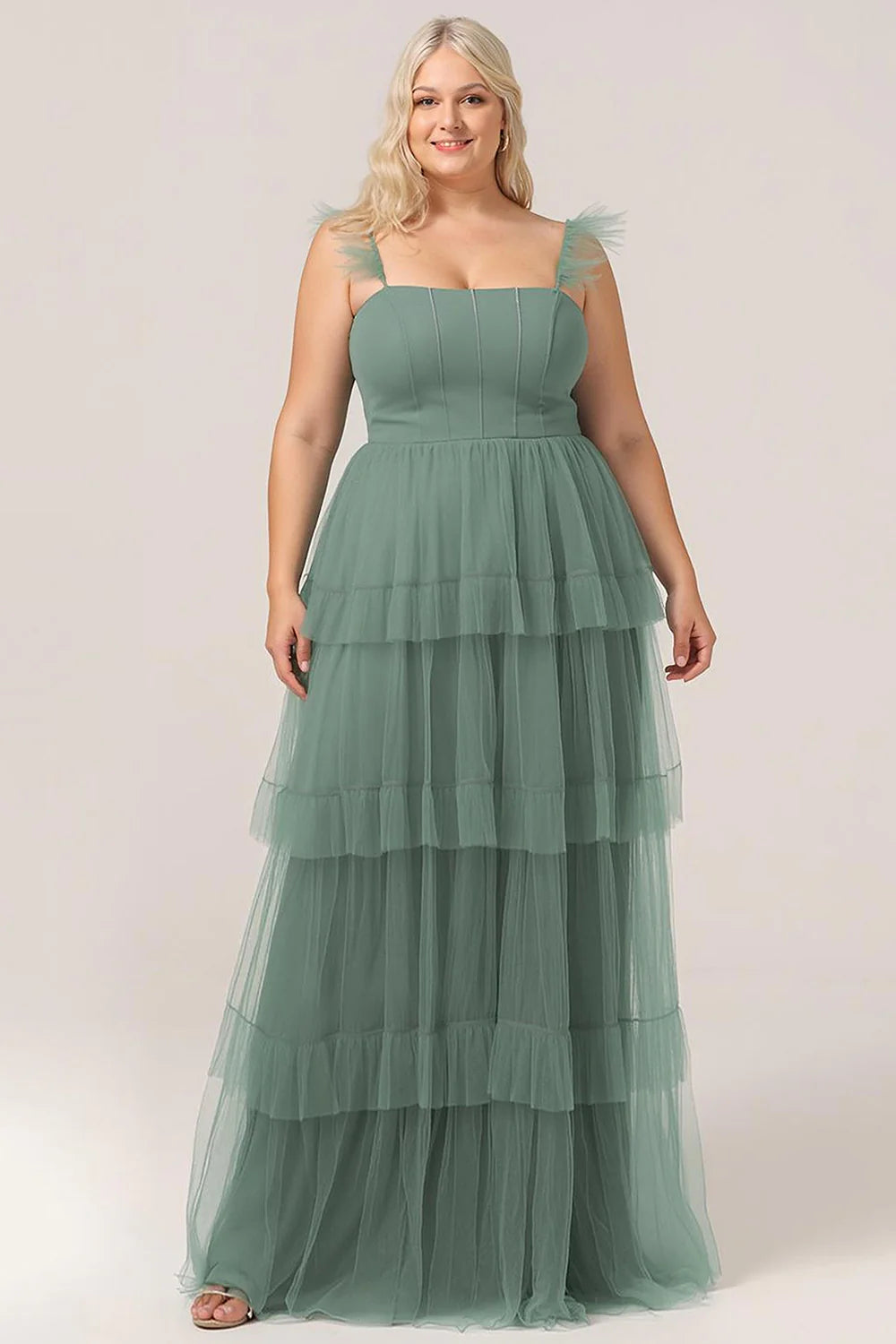 Eucalyptus A Line Spaghetti Straps Floor Length Tulle Bridesmaid Dress
