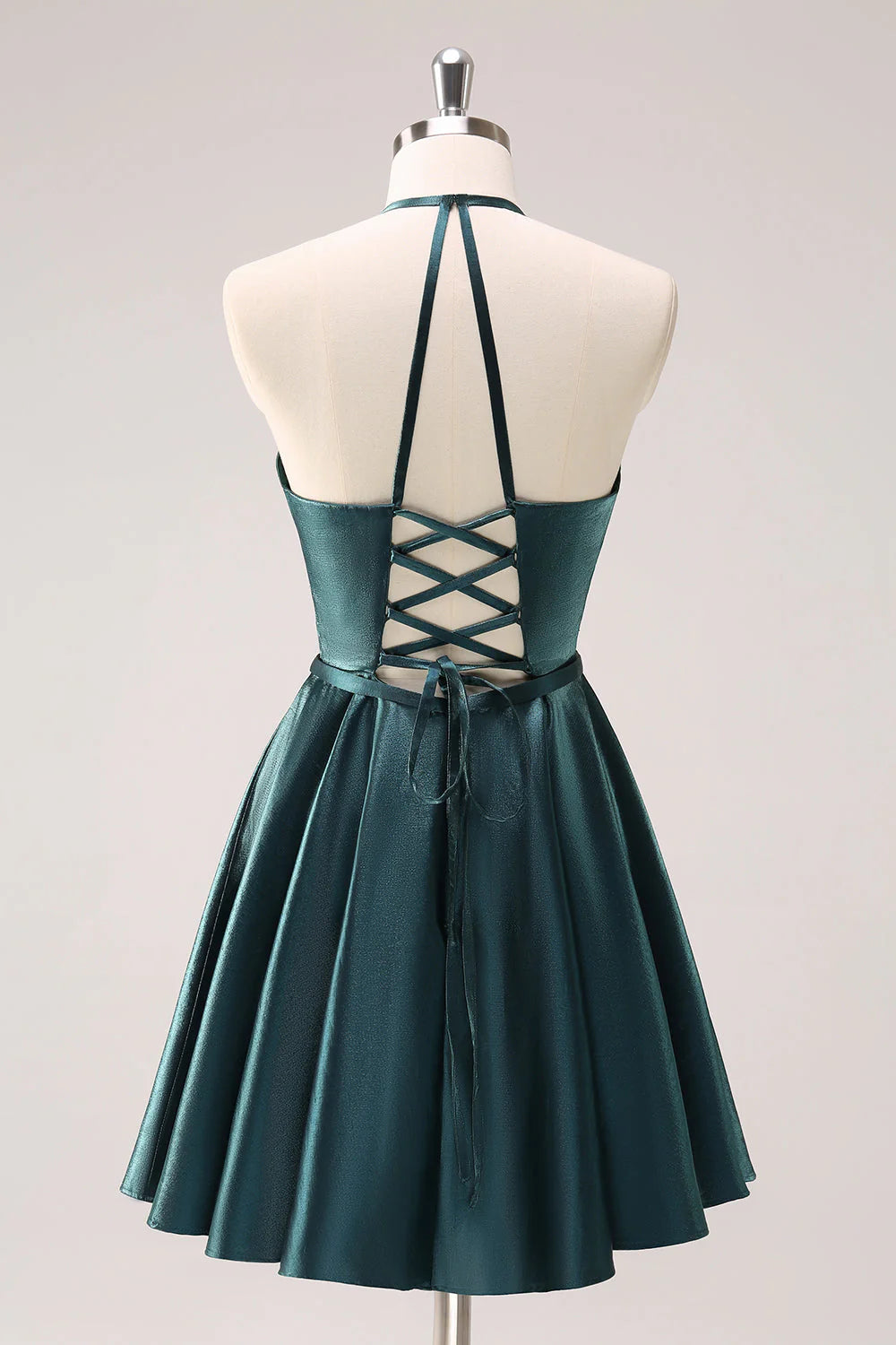Peacock Blue A Line Halter Short Homecoming Dress with Lace Up Back