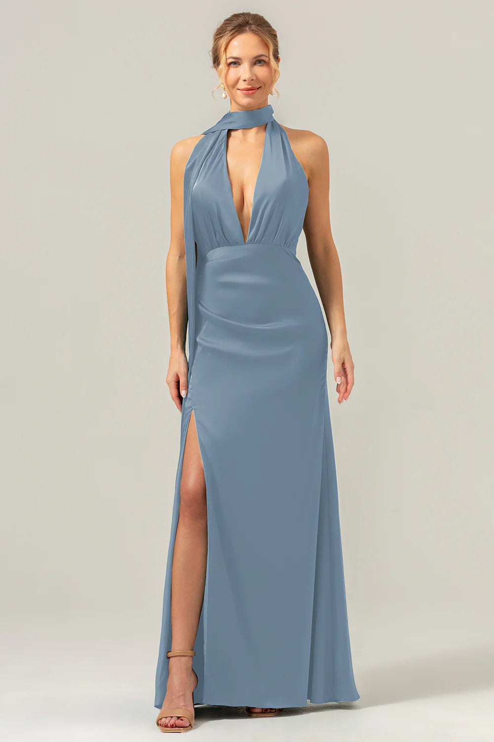 Peacock Sheath Deep V Neck Open Back Convertible Long Satin Bridesmaid Dress with Streamer