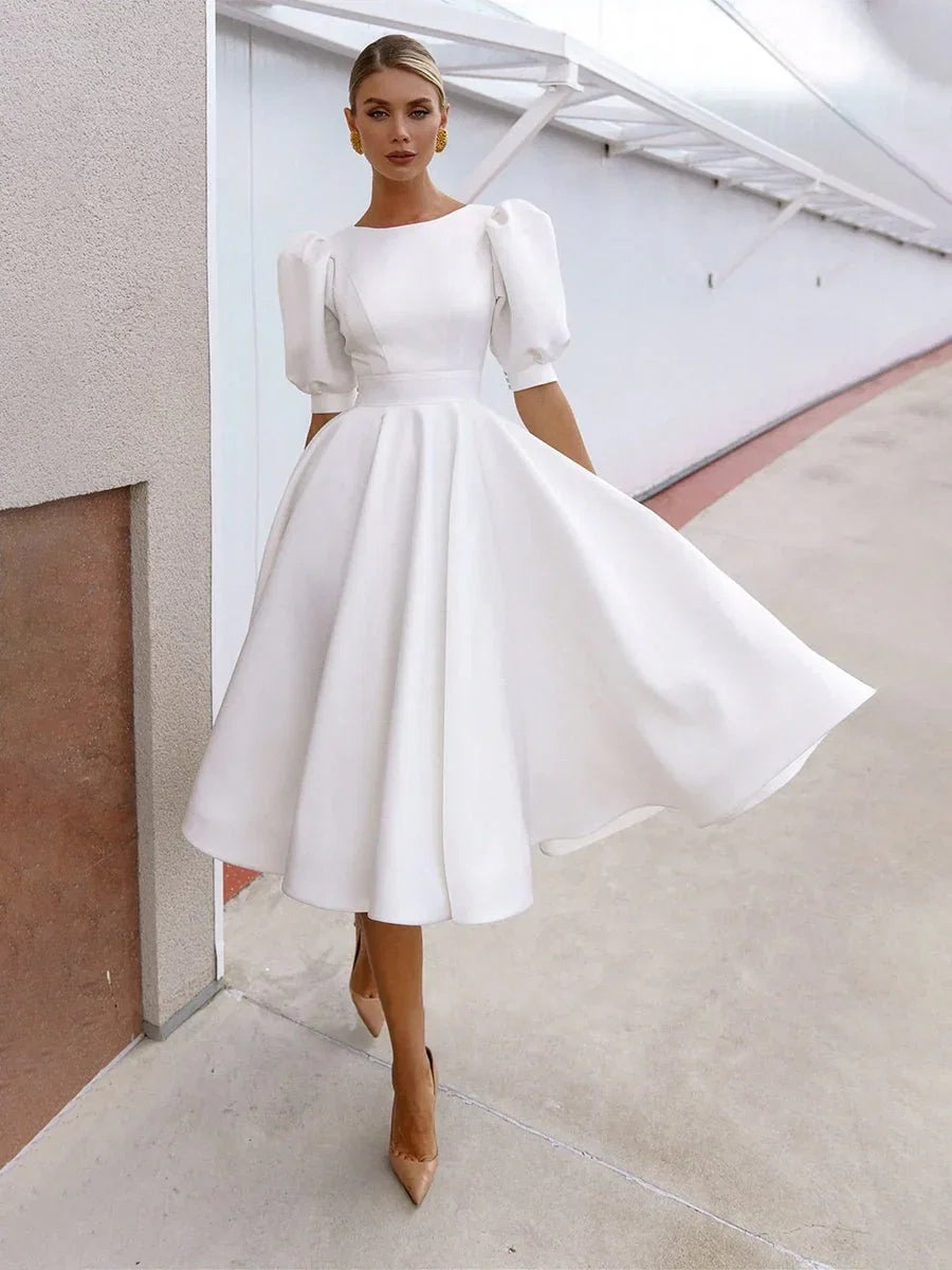 Elegant Bateau A Line Satin Knee length Wedding Dress