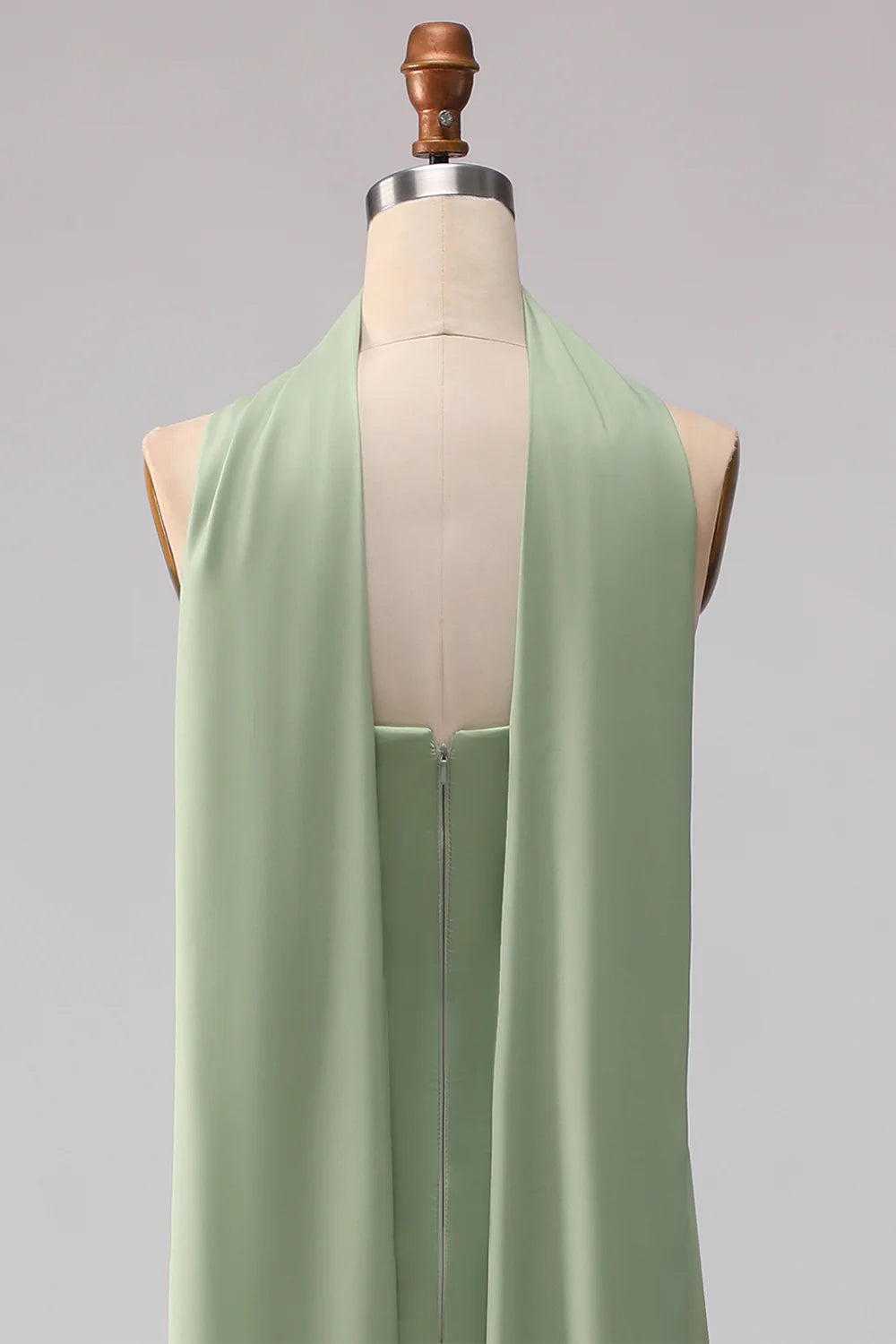 Dusty Sage Mermaid Strapless Satin Long Bridesmaid Dress with Streamer