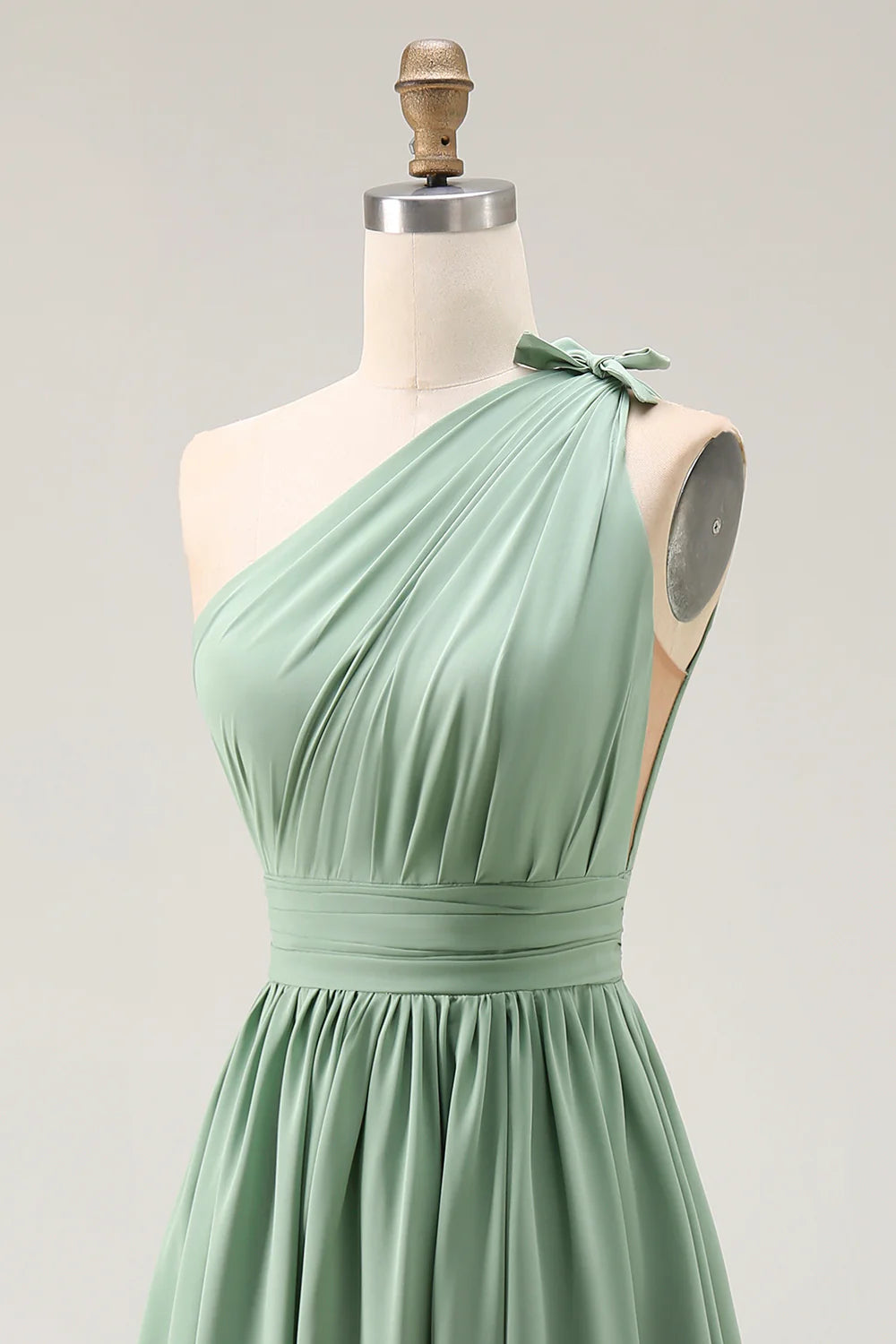 Green A Line One Shoulder Ruched Chiffon Long Bridesmaid Dress with Slit