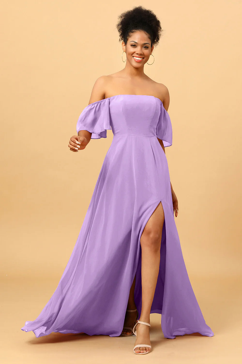A Line Off the Shoulder Long Chiffon Bridesmaid Dress with Slit