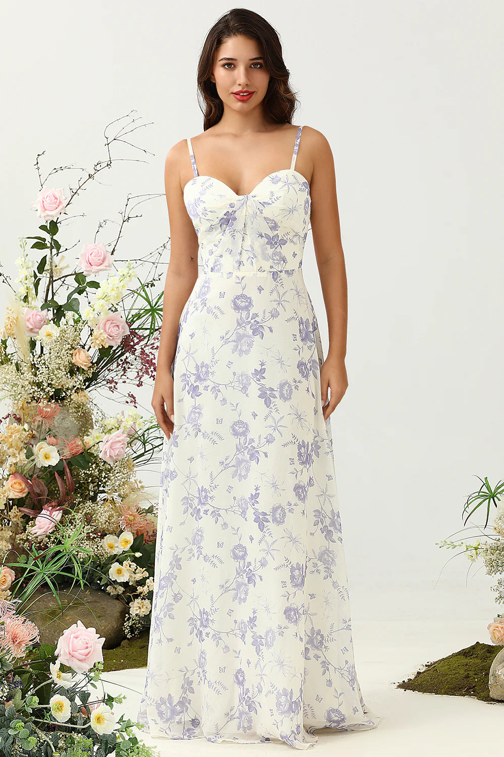 White Purple Flower A Line Spaghetti Straps Chiffon Long Bridesmaid Dress
