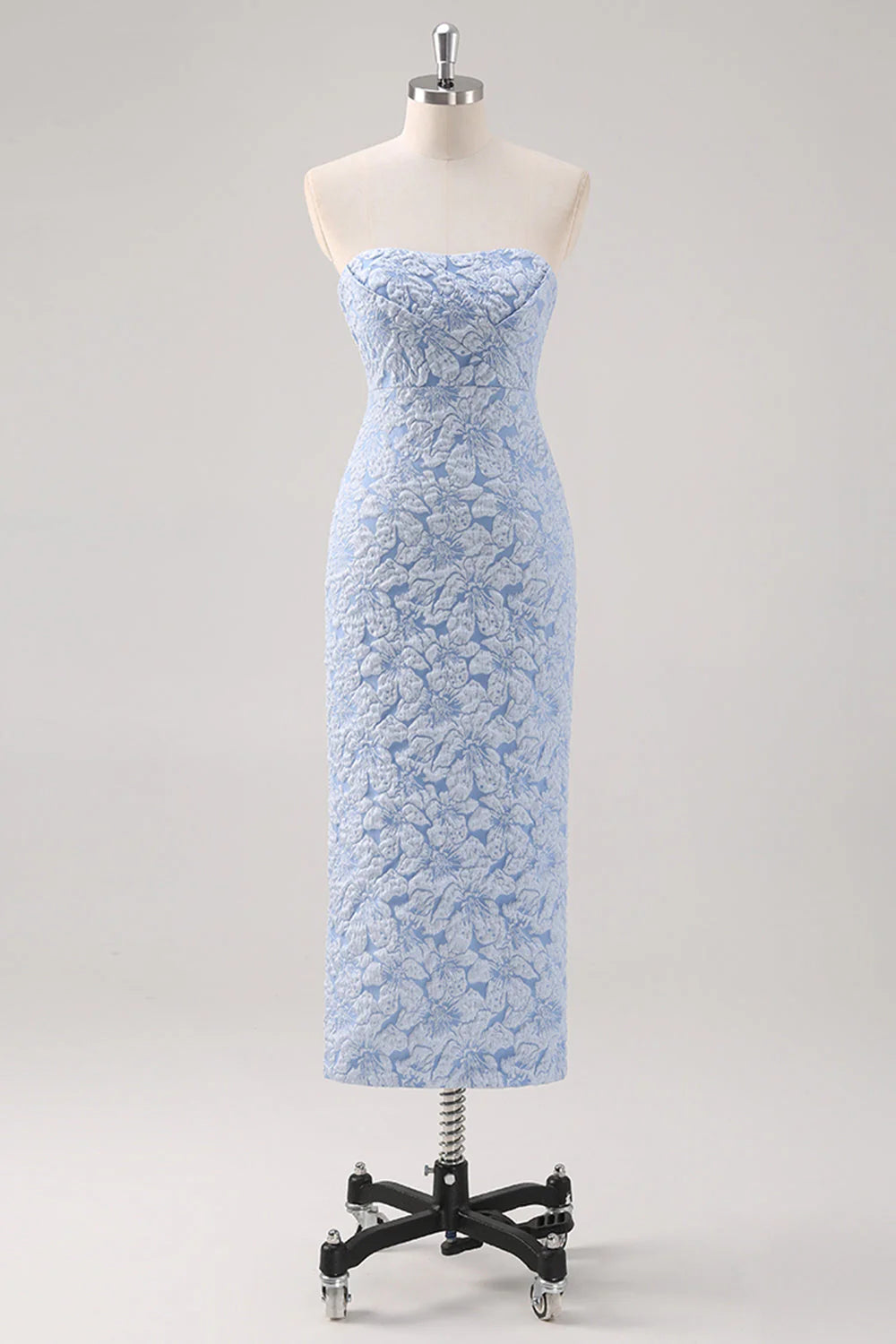Simple Blue Floral Sheath Tea Length Brocade Formal Dress with Puff Sleeves