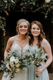 Grey Green Chiffon Spaghetti Straps A Line Long Bridesmaid Dress