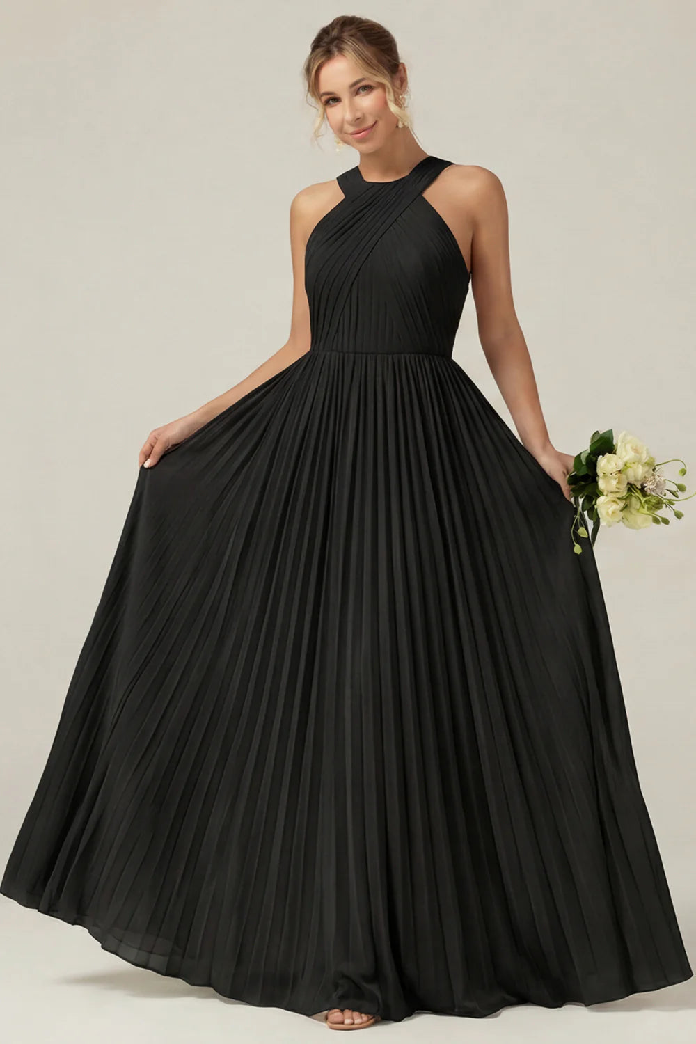 Dusty Sage A Line Halter Pleated Long Bridesmaid Dress