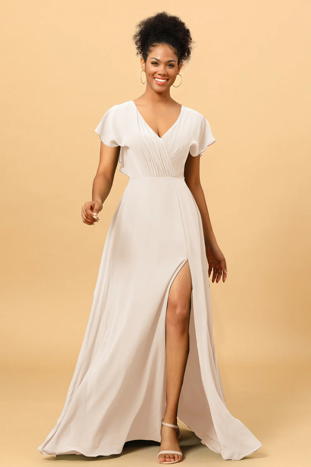 A Line V Neck Ruched Chiffon Bridesmaid Dress with Slit