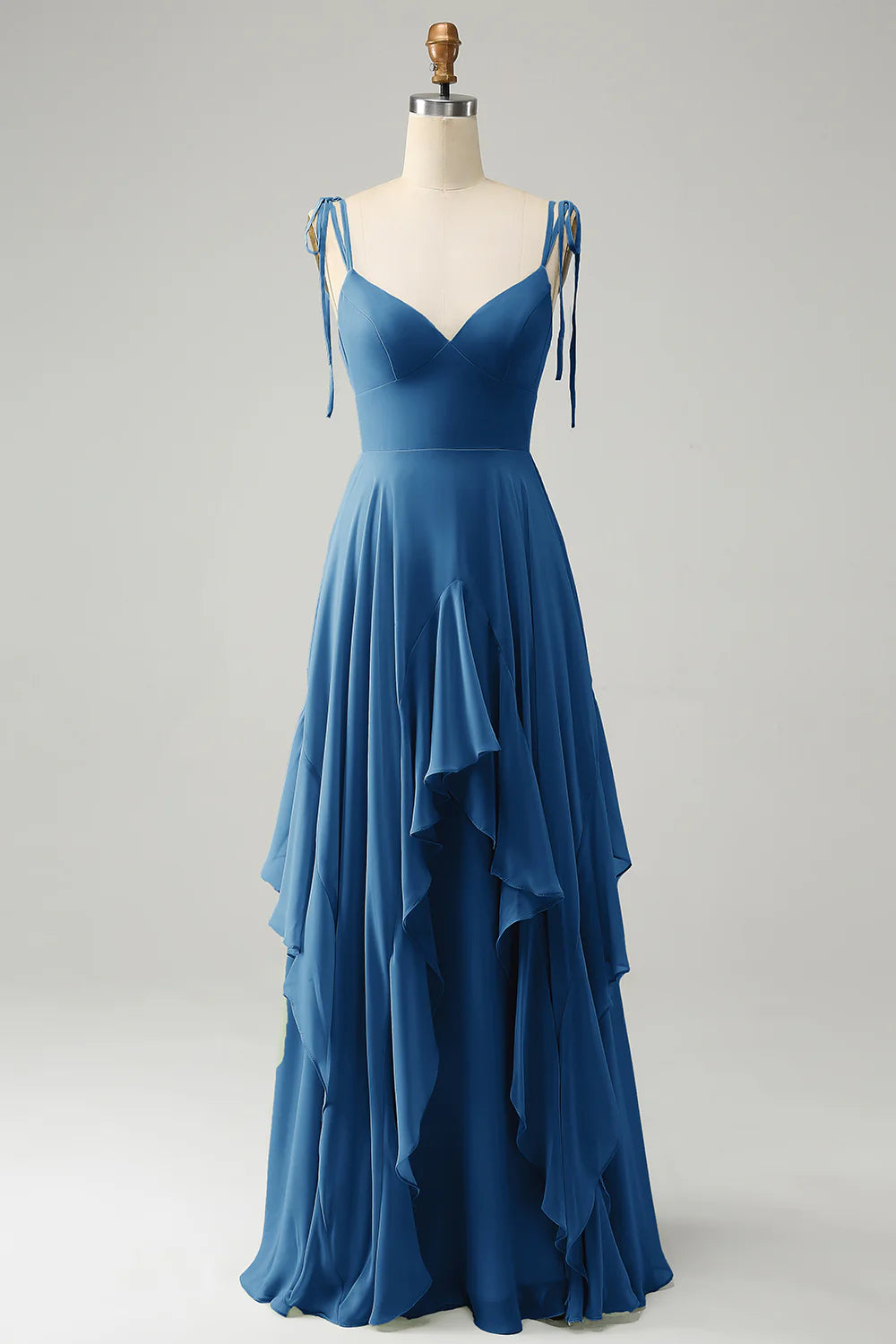 A Line Spaghetti Straps Chiffon Long Bridesmaid Dress with Ruffles