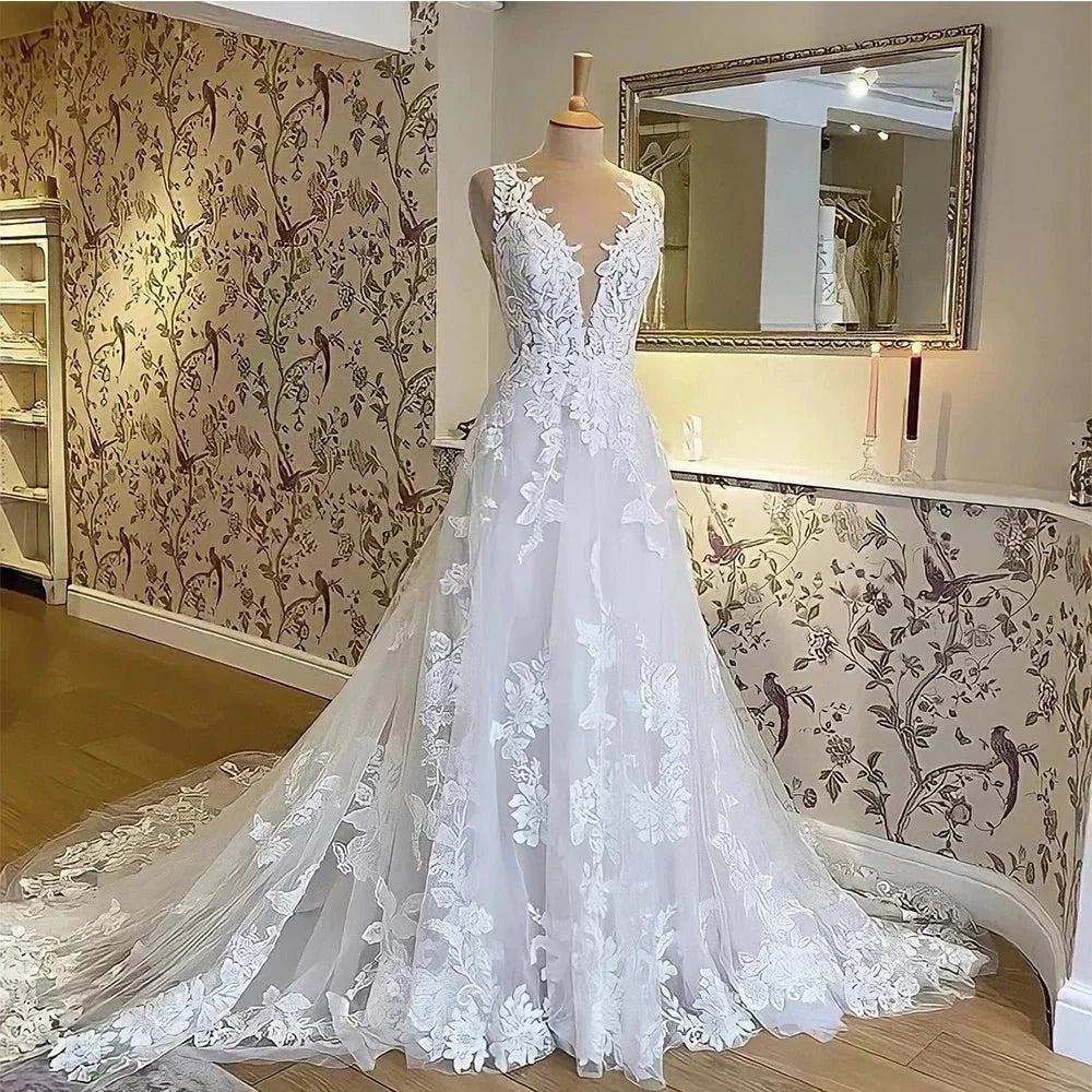 A Line Bohemian 3D Floral Backless Wedding Dress