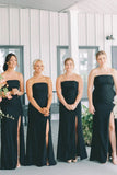 Black Strapless Long Bridesmaid Dresses with Slit