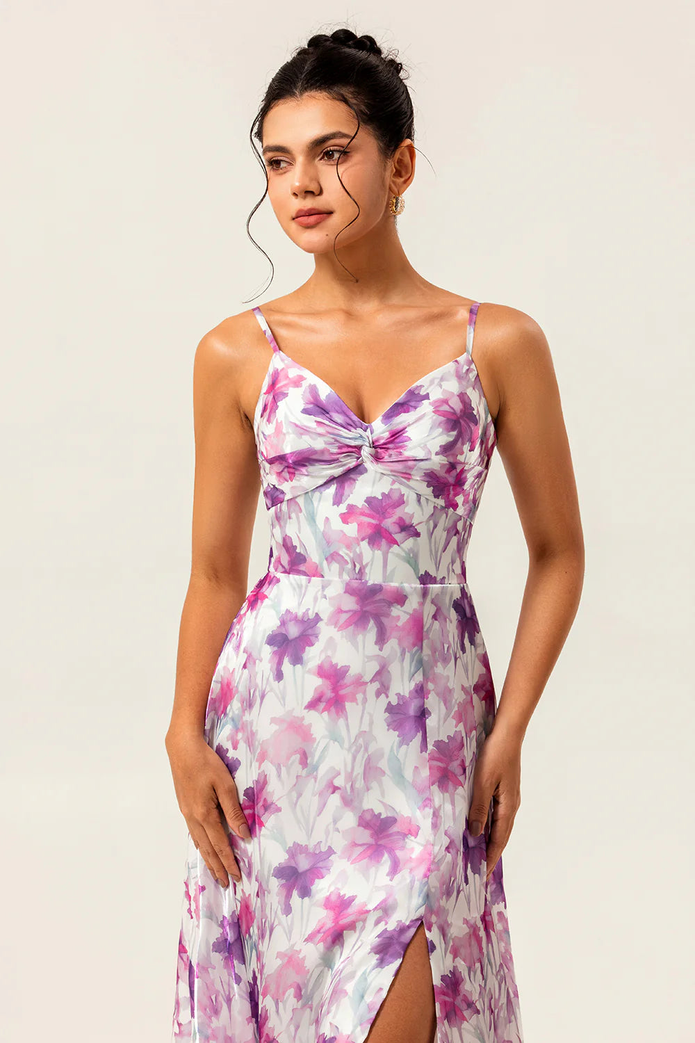 Purple Flower A Line Spaghetti Straps Front Knot Print Maxi Dress with Slit