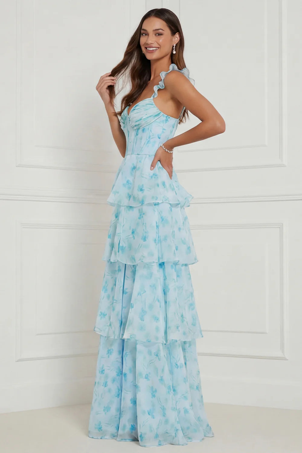 Blue Flower A Line Spaghetti Straps Tiered Floor Length Dress with Slit