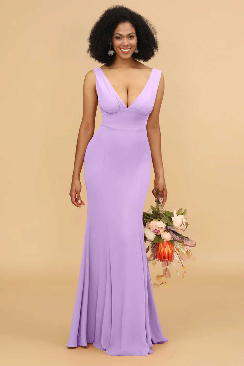 Mermaid V neck Open Back Long Chiffon Bridesmaid Dress With Ruffles