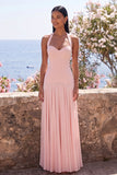 Pink Halter A Line Long Bridesmaid Dress