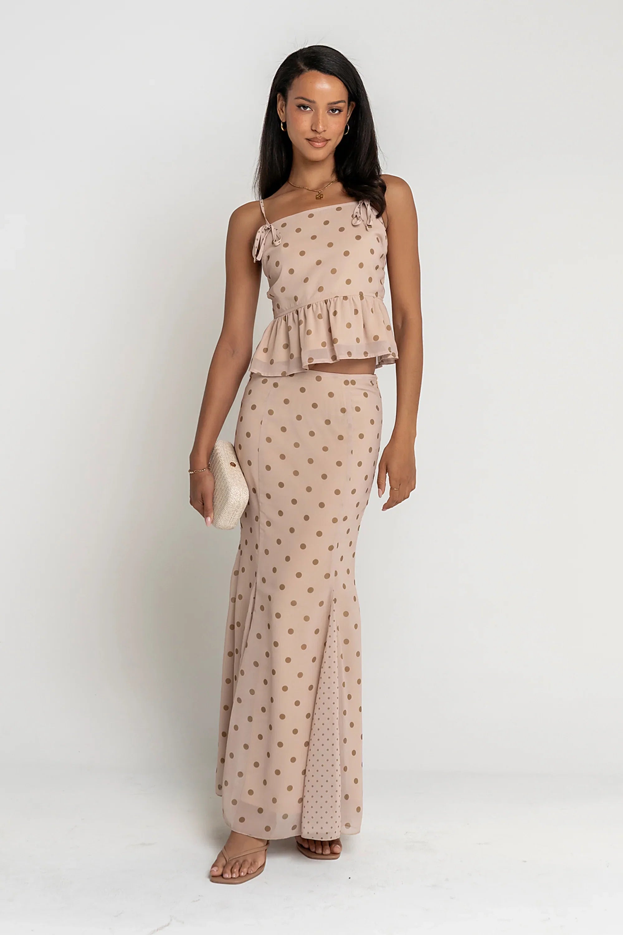 Freida Polka Dot Maxi Skirt in Taupe