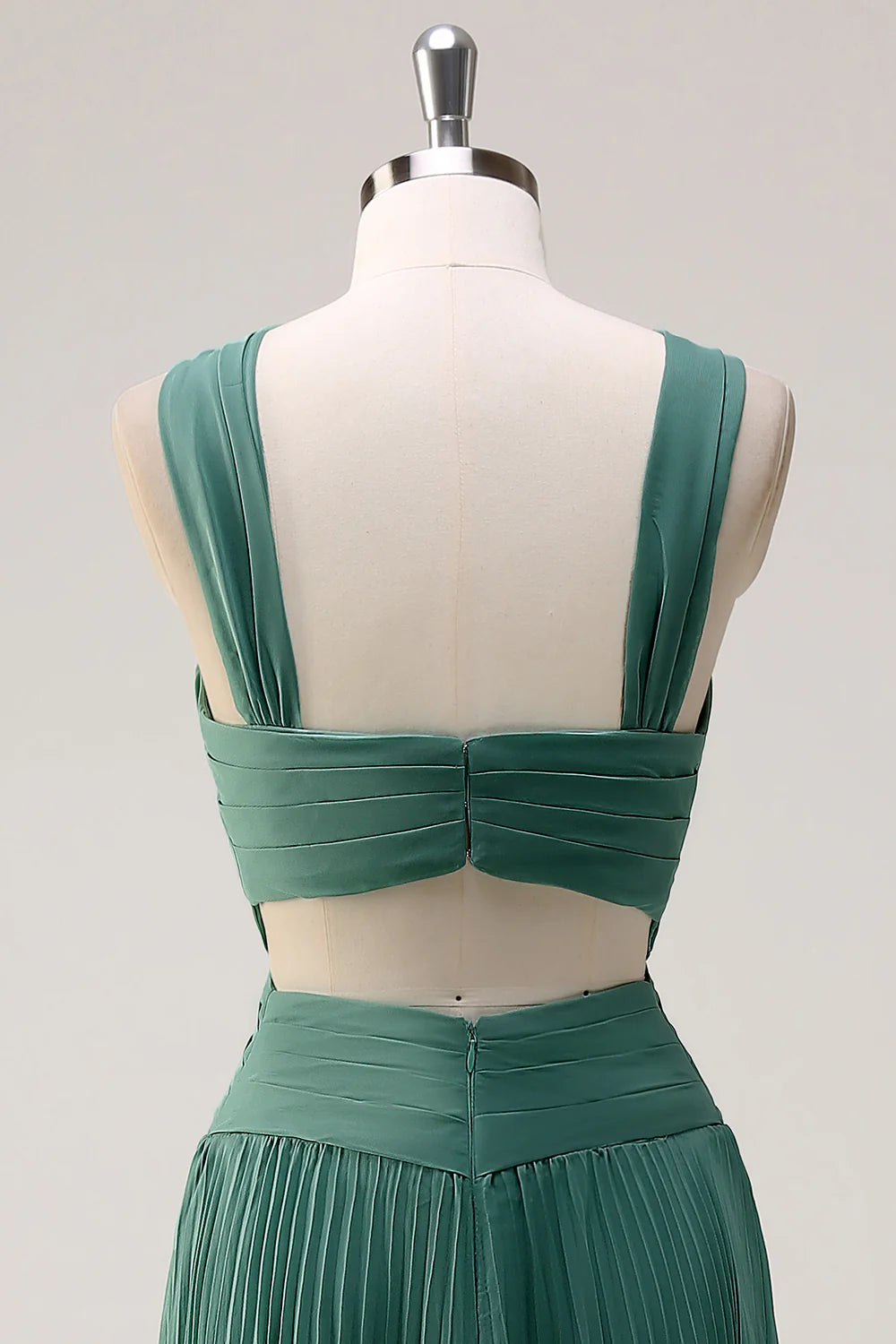 Eucalyptus A Line Hollow Out Pleated Floor Length Bridesmaid Dress with Slit