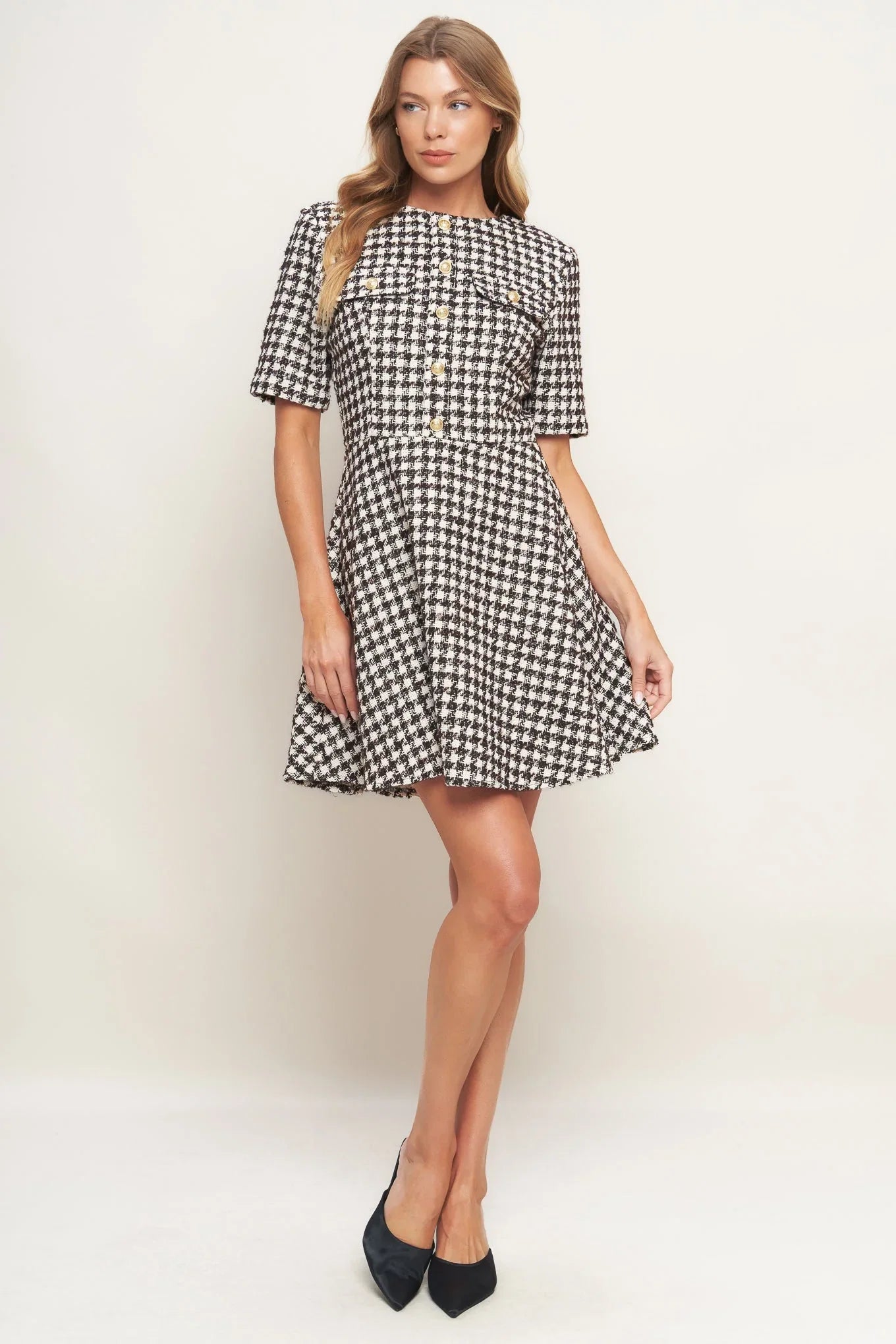 ELEGANT CHECK BROWN TWEED MINI DRESS FINAL SALE