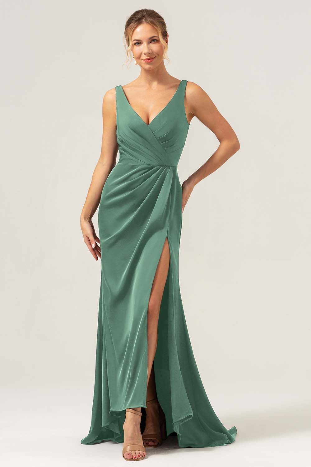 Burgundy Mermaid V Neck Ruched High Low Long Satin Bridesmaid Dress with Slit