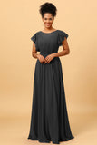 A Line Bateau Neck Ruched Long Chiffon Bridesmaid Dress with Ruffles