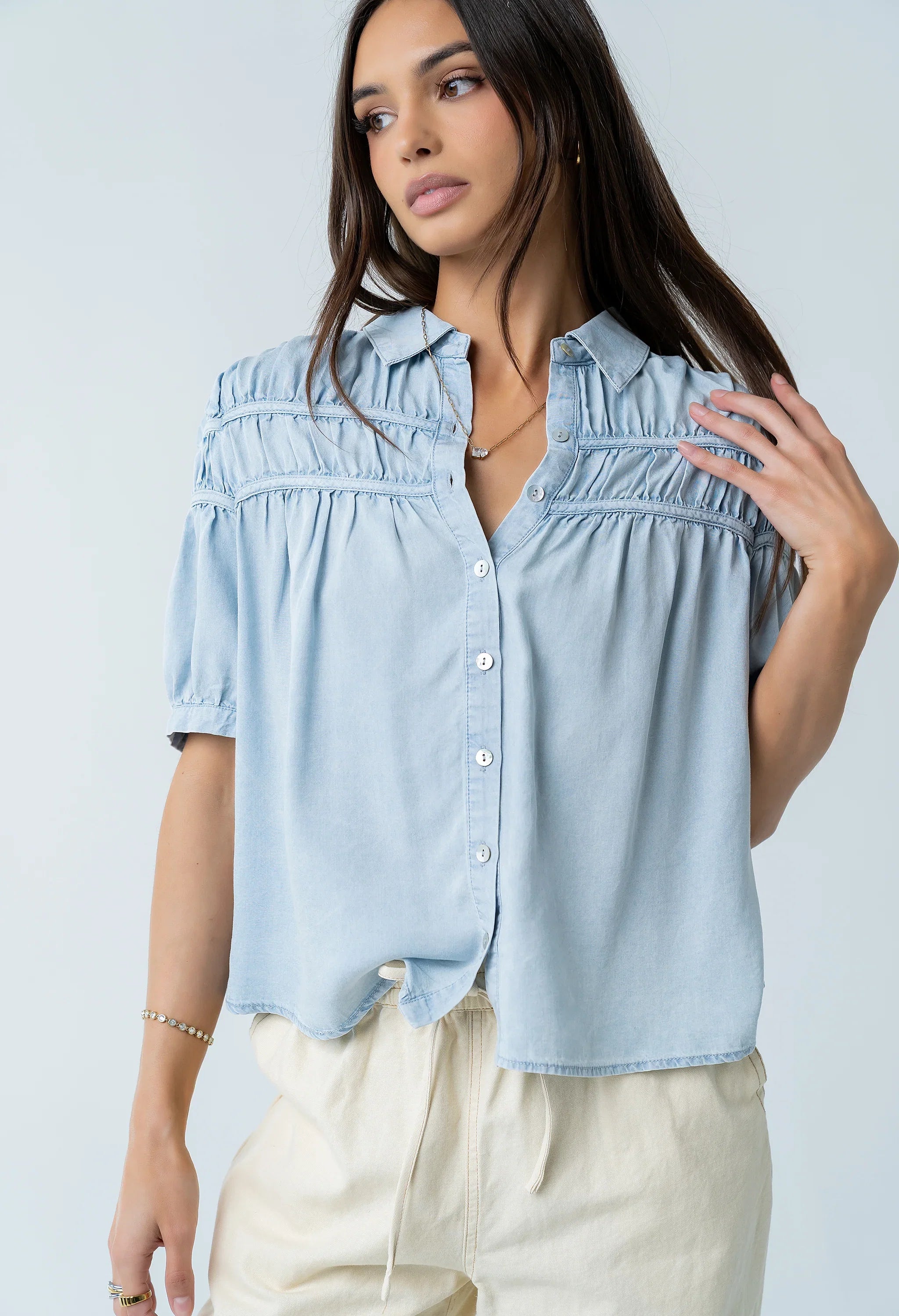 Whitney Button Up Blouse in Light Wash