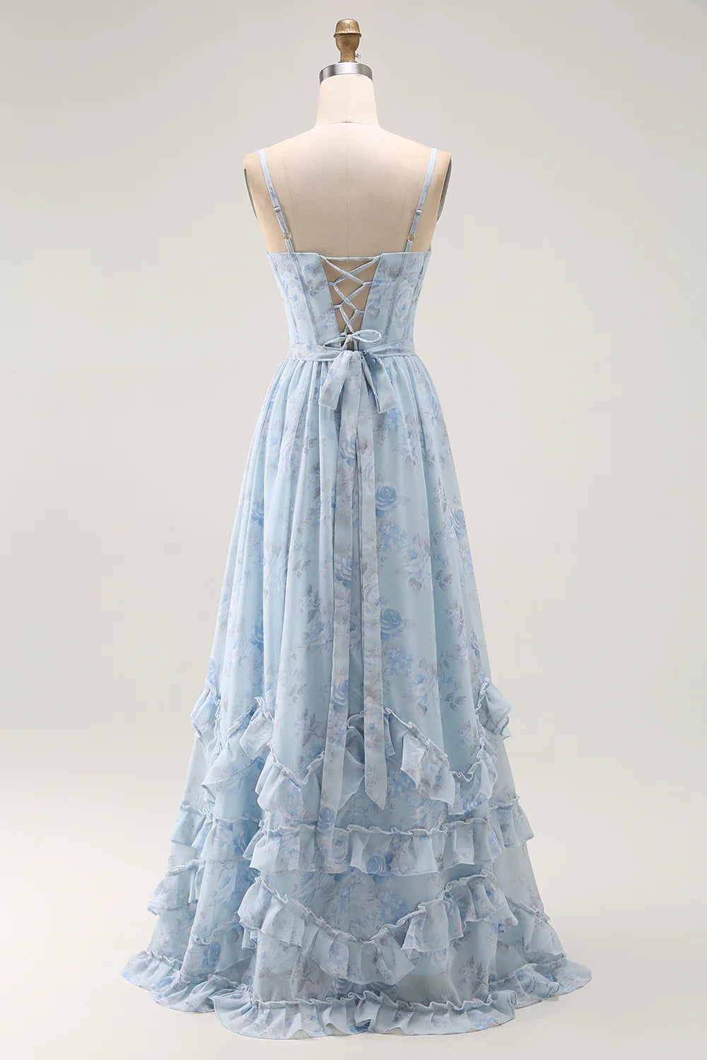 Blue Flower A Line Corset Ruffled Chiffon Long Bridesmaid Dress with Slit