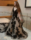 A Line V Neck Open Back Court Train Black Wedding Dress With Veil