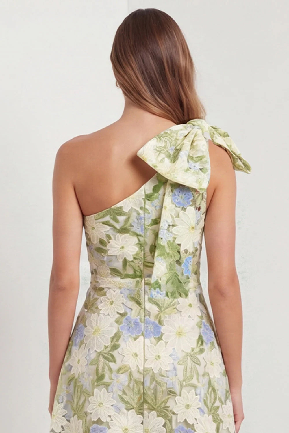 One Shoulder Sage Floral Wedding Guest Dress with Bow