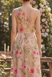 One Shoulder A Line Blush Floral Wedding Guest Dress