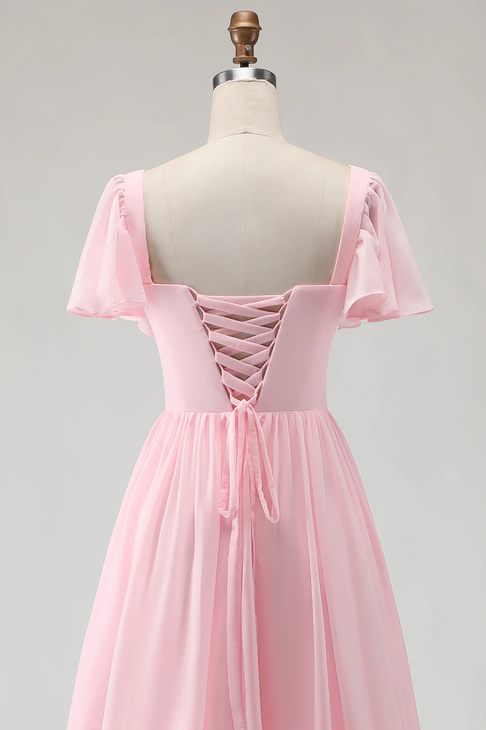 Candy Pink A Line Flutter Sleeves Long Bridesmaid Dress with Lace Up Back