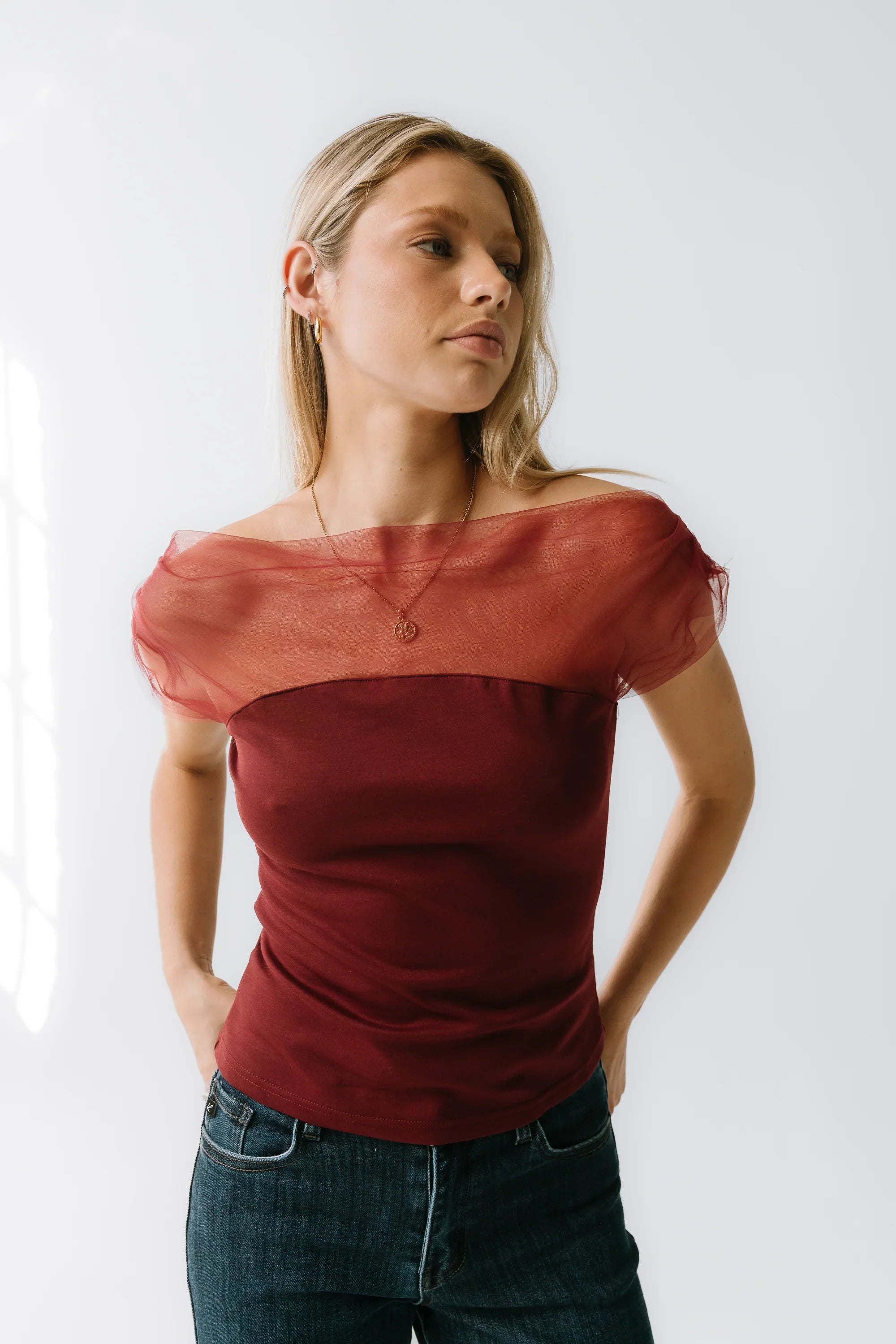 Tracy Mixed Media Top in Burgundy