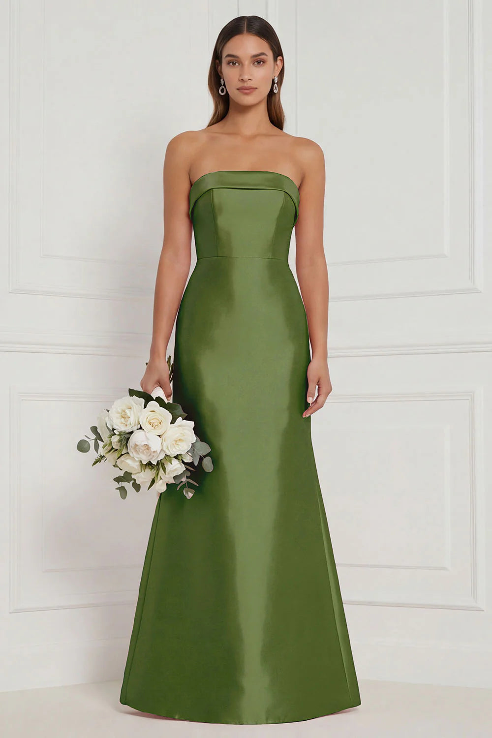 Strapless Mermaid Dusty Rose Satin Long Bridesmaid Dress