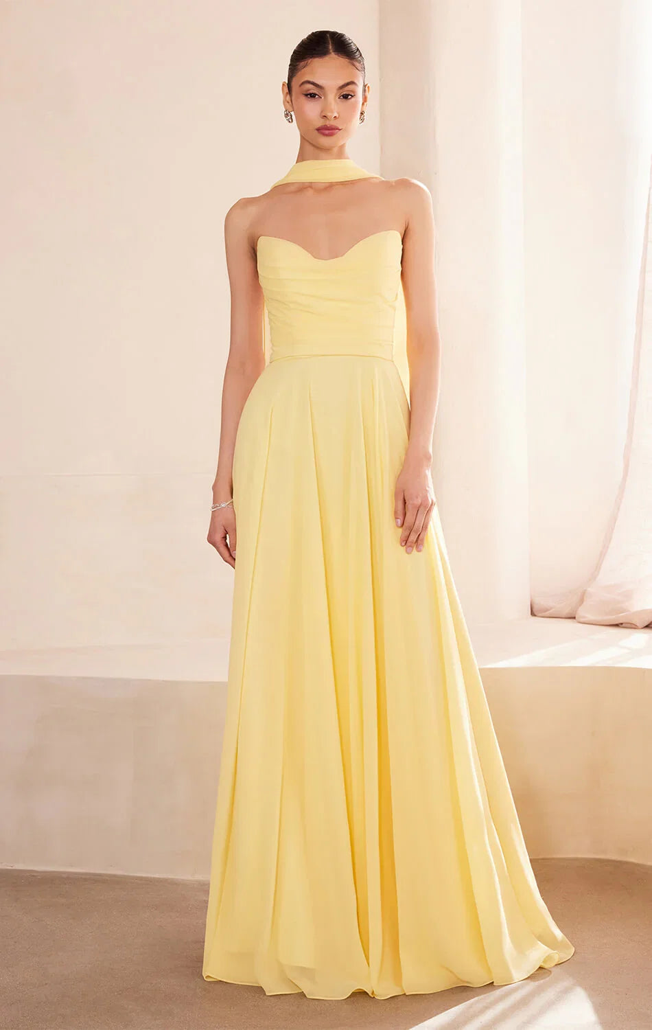 Ella Gown A line Strapless Chiffon Dress With Scarf