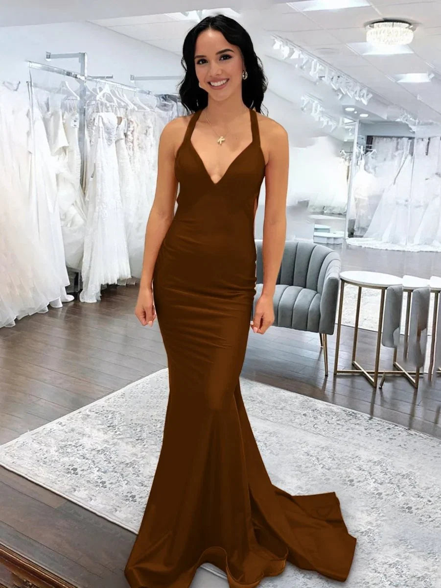 Angela Mermaid Pink V Neck Backless Satin Long Prom Dress