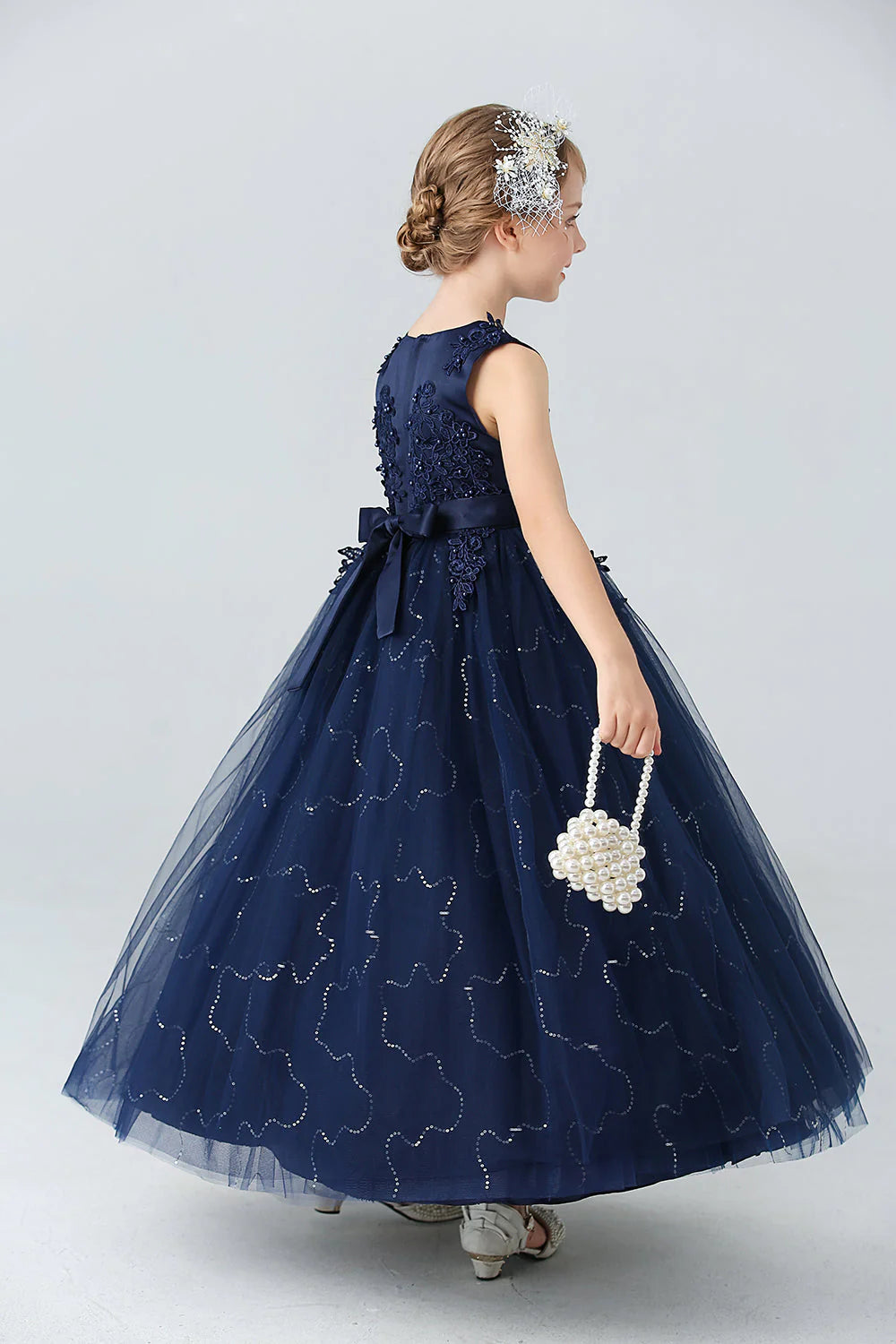 White A Line Beaded Tulle Flower Girl Dress With Appliques