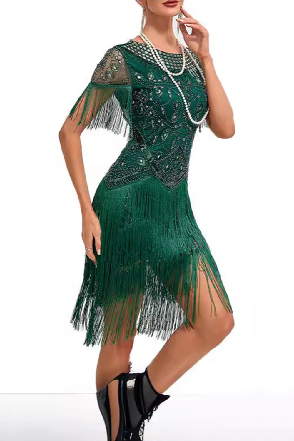 Apricot Fringed Sheath Midi 1920s Dress with Appliques