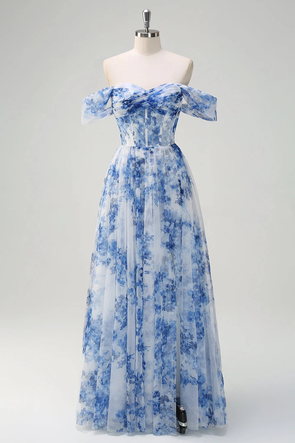 White Blue Flower A Line Off the Shoulder Ruched Corset Maxi Dress with Slit